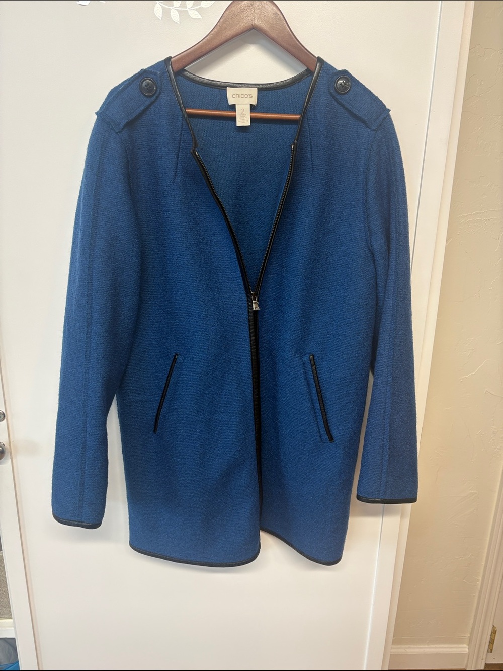Chico's Deep Blue Zip-Front Knit Trench Coat
